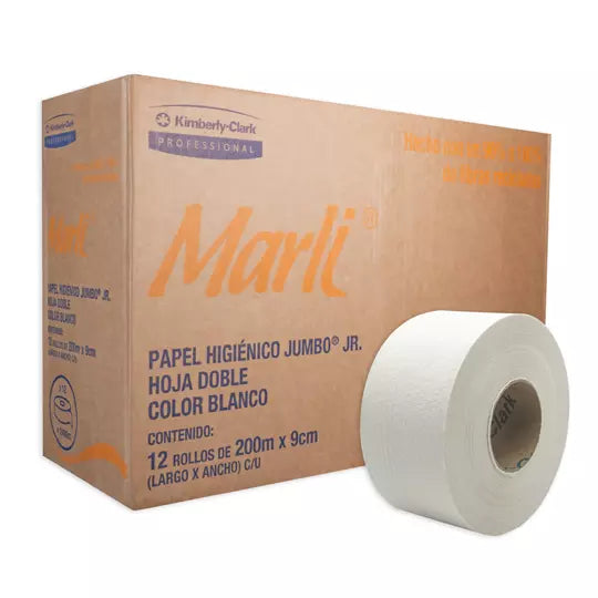 Papel higiénico blanco Marli, caja c/12 bobinas 200m jumbo jr mod 90509