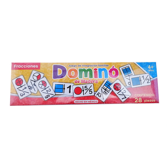 Domino didáctico de madera Fracciones, 28 pz. Fabricado en MDF